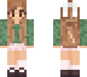 girl with green shirt, pink skirt, light brown hair, brown eyes, and white bow.