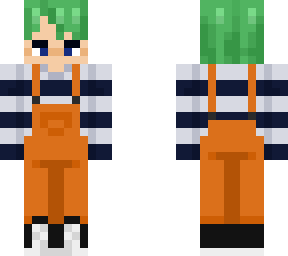 green hair, orange overalls with a striped shirt