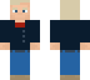 fred with dark blue button up with red scurf and light blue pants with belt