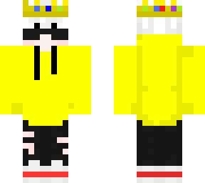 minecraft biy with yellow hoodie black tie and with a cown