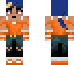 orange top with blue jeans
