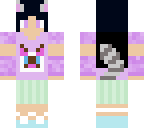cat girl with purple shirt and black hair with gray fur