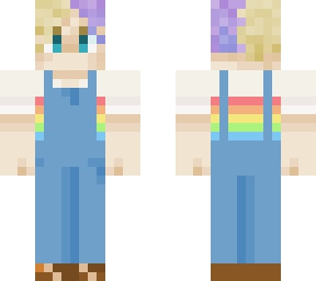 person with rainbow shirt and overalls