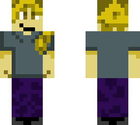 blonde lady with blue shirt and purple pants.