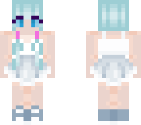blue skirt, white top, cyan hair girl