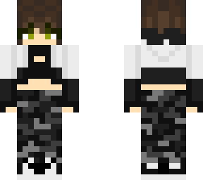 dark brown hair with black and white jacket and camo pants