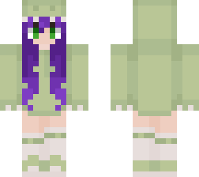 purple haired girl in a green  onsie