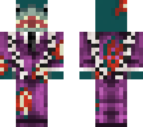zombie shark in purple suit with zebra stripe suspenders