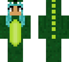 aqua haired girl in a green dino onsie