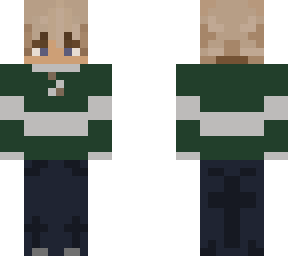 blonde boy in green shirt with baggy jeans.