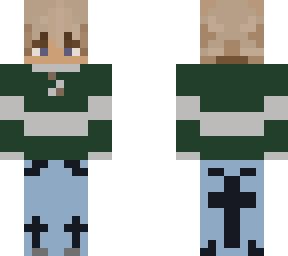 blonde boy in green shirt with baggy jeans but the jeans are light blue
