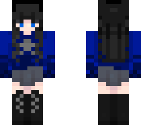 blacked hair, blue hoodie