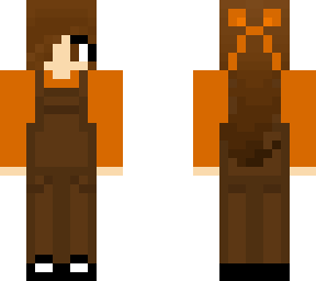 brown hair gir, orange sweater, brown overalls