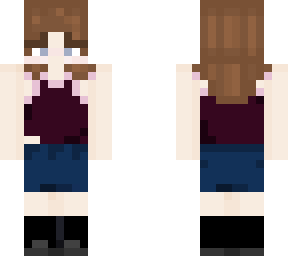 girl wearing dark purple and pink tank top and denim skirt