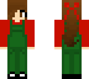 brown hair green overalls red sweater