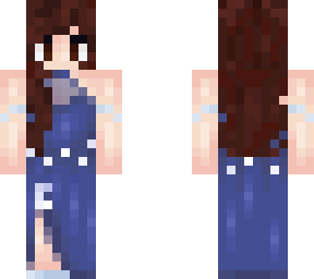 dark brown hair, dark blue prom dress