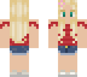 blonde in red shirt and denim skirt