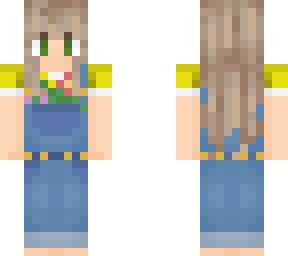 floral overalls and yellow shirt