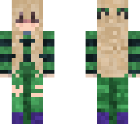 cute blonde character with green and black sweater and green cargos.