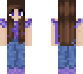 brunette hair, purple outfit with blue jeans