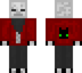 skeleton in red coat with cat logo