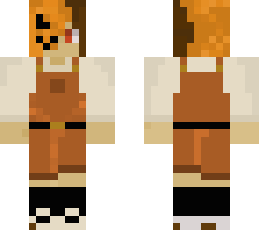 half-pumpkin head, brown hair, orange overalls