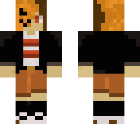 half-pumpkin head, black jacket, red striped shirt