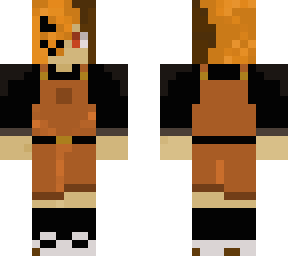 half-pumpkin head, black shirt, orange overalls