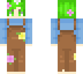 ketsume brown overall, blue shirt, flowers (flower forest themed)