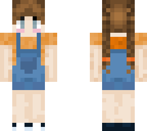 brunette girl with braids and short orange dungarees