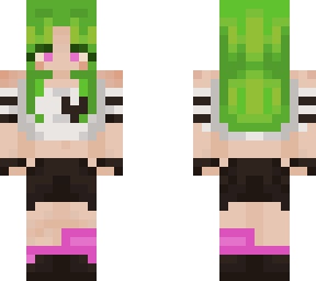 e-girl with green hair, black & white clothes, and pink details.