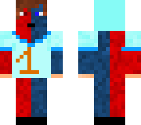 half red half blue and a top with a {light} blue shirt