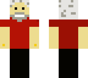 red shirt, black bdu pants, ring on each hand, grey beard and hair. steelwolf