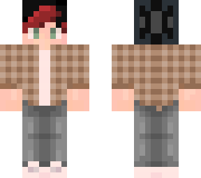 brown flannel shirt - black and red hair
