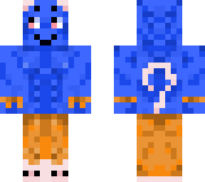 he's blue and he has bunny slippers and cat accessories