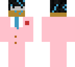 silver blind folded pink and blue guy in tuxedo