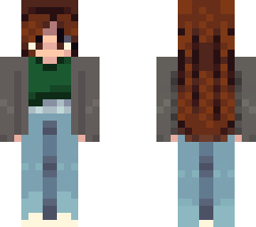 dark brown hair, brown eyes, green shirt, jeans