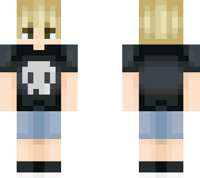 skeleton shirt, jean shorts, blonde