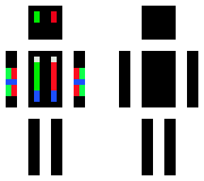 black skin with green and red eyes