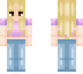 long blonde hair. jeans. light purple cropped shirt