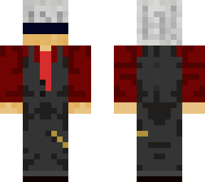 man with red shirt, white hair and black/gray vest