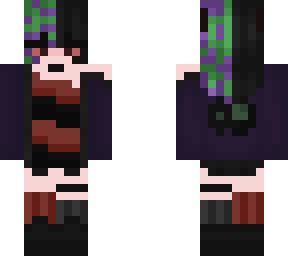 purple green and black hair red and black outfit