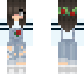 brunette girl with rose crown and overalls