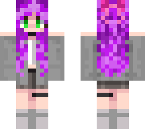 grey outfit, purple hair