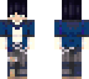 black hair, blue vest, vi arcane vibe