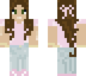 girl with pink shirt, brown hair and brown bow.