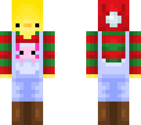 duckling wearing christmas sweater & overalls w/ axolotl friend
