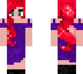 red hair. green eyes, purple dress and flowers