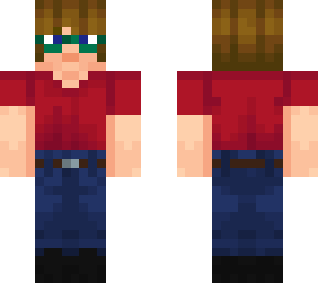 boy with red shirt, blue jeans, black shoes, blond hair, and teal glasses