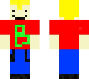 boy with yellow hair, red t-shirt with green b, blue jeans, and black shoes